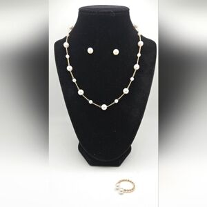 Set of Pearl Necklace Stud Earrings and Ring (Set 1)